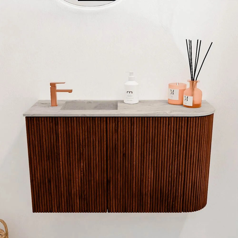 Mondiaz Joya DLux 70cm toiletmeubel ronding rechts ruby met wastafel faye links 1 kraangat glace