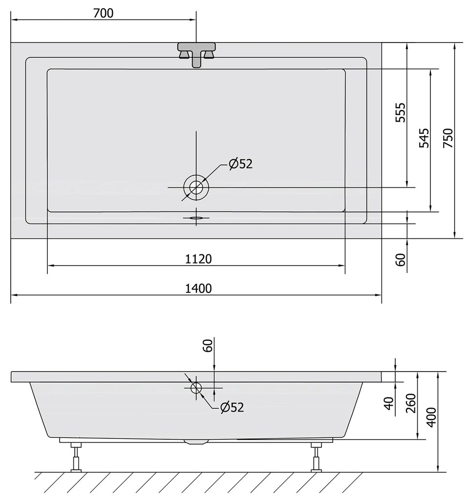 Polysan Deep rechthoekige douchebak met steun 140x75x26cm wit