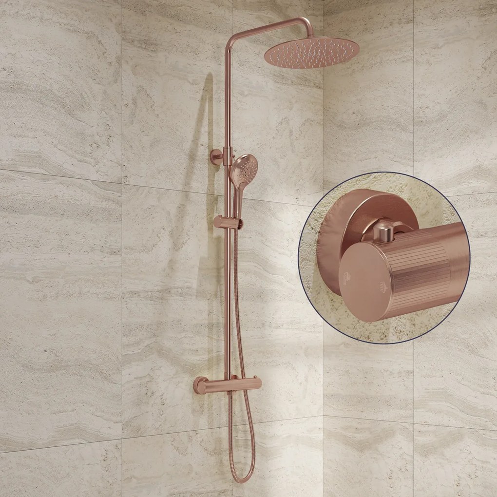 Saniclear Evolution Stripes opbouw regendouche geborsteld koper met 30cm hoofddouche en 2 standen handdouche