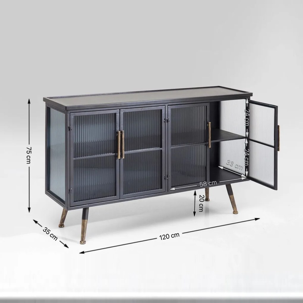 Dressoir Zwart Met Ribbelglas - 120x35x75cm.