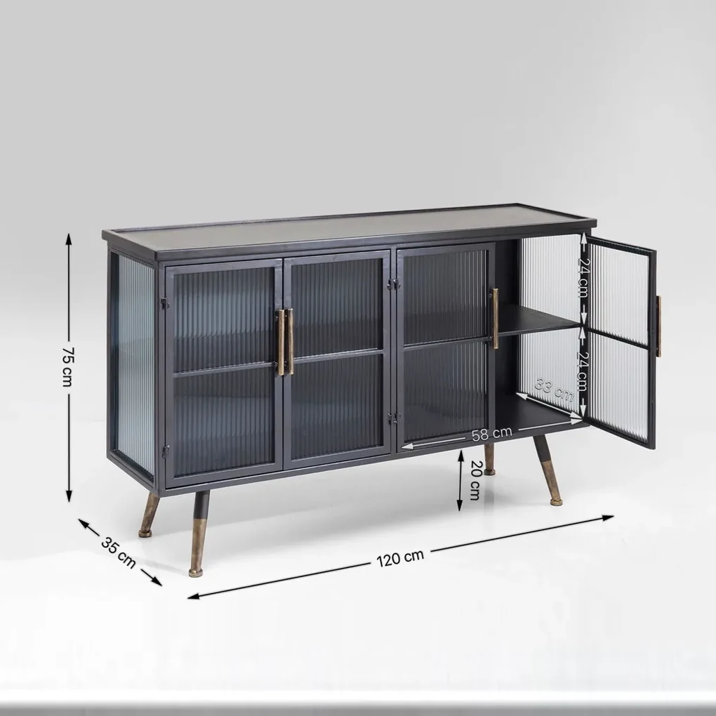 Kare Design Gomera Dressoir Zwart Met Ribbelglas - 120x35x75cm.