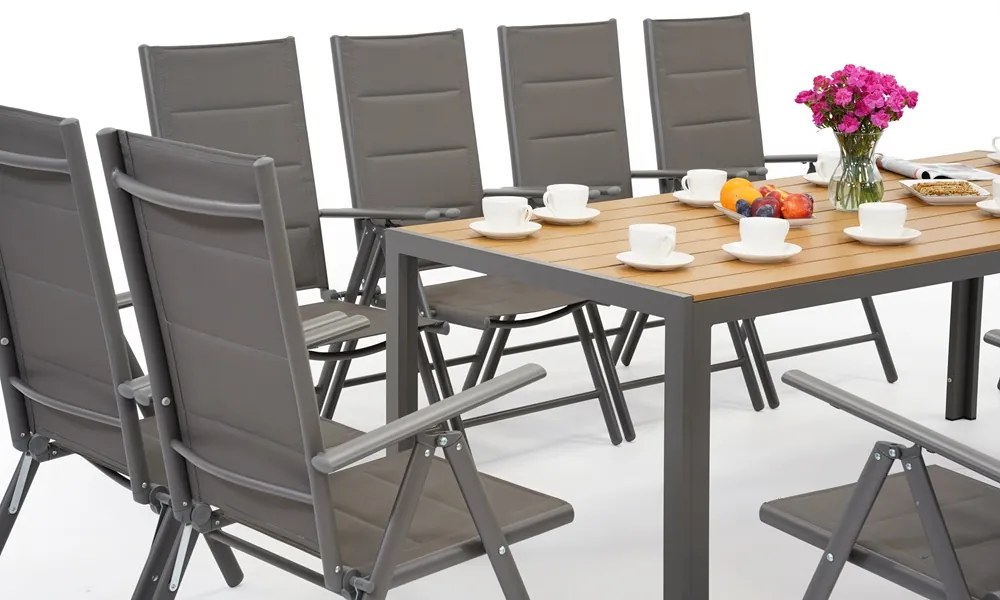 Garden Point grijze aluminium tuinmeubelen met grote Verona Wood tafel voor 12 personen