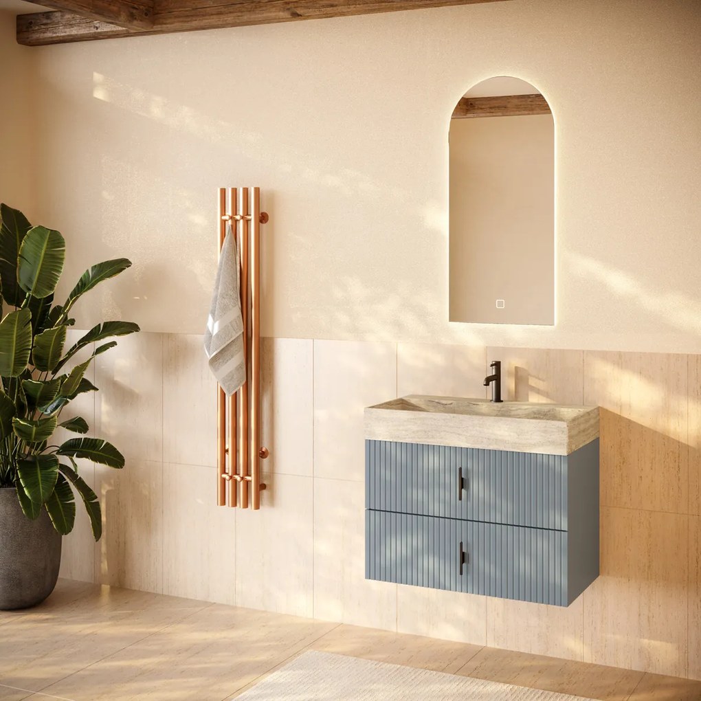 Muebles Murcia badmeubel ribbelfront 80cm baby blauw met White Travertin wastafel met kraangat