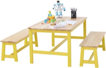 VEVOR Kinderzitgroep Kindertafel, 2 banken 1 tafel Kinderzitgroep van massief hout, Kindertafelset Stabiel kindermeubilair Zitmeubelen voor kinderen, meisjes, jongens, speelkamer Kindermeubelset Geel