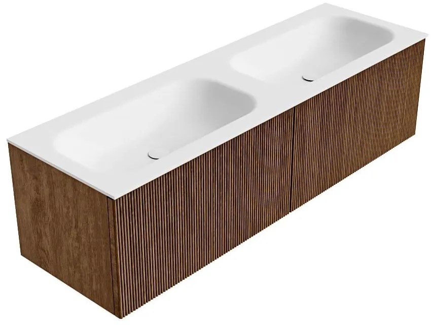 Mondiaz Kurve 150cm badmeubel walnut met 2 lades en wastafel big small dubbel zonder kraangat