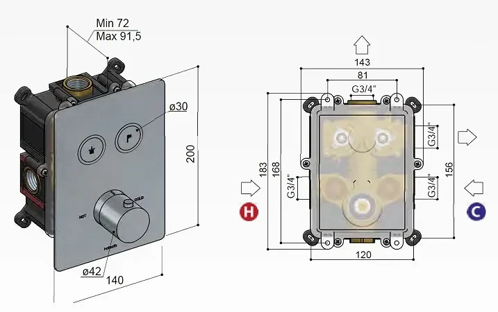 Hotbath Cobber Afbouwdeel thermostaat Rechthoek met 2 push buttons Geborsteld Messing PB009Q