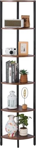 VEVOR 6-laags hoekschap, hoge hoekstandaard met led-verlichting, displayplank, opbergrek met metalen frame en houten planken, staande plank, tentoonstellingsboekenplank voor slaapkamer, woonkamer, kantoor, bruin