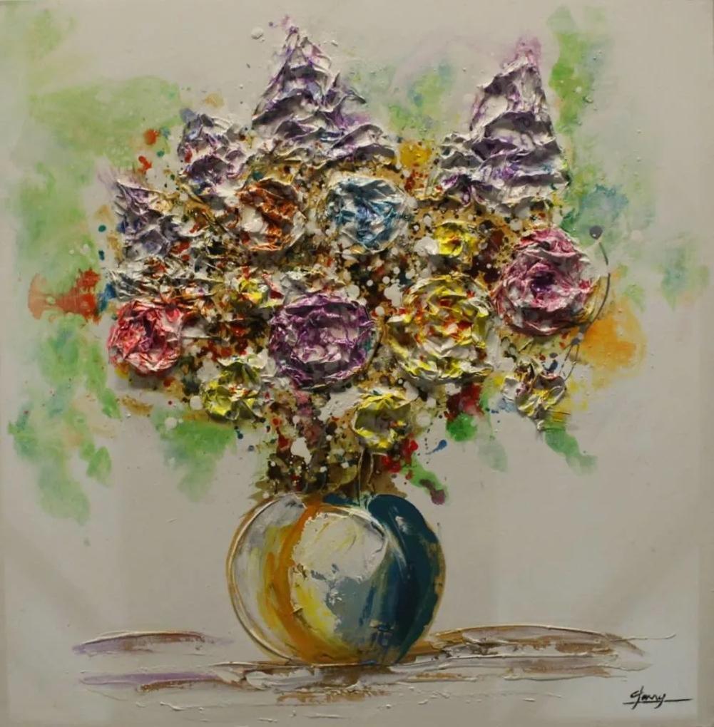 Schilderij - Handgeschilderd - Bos bloemen 2, 80x80cm