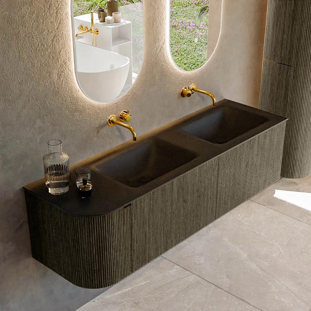 Mondiaz Kurve 155cm badmeubel ronding links shadow met 2 lades en 1 deur en wastafel cloud dubbel/rechts zonder kraangat urban