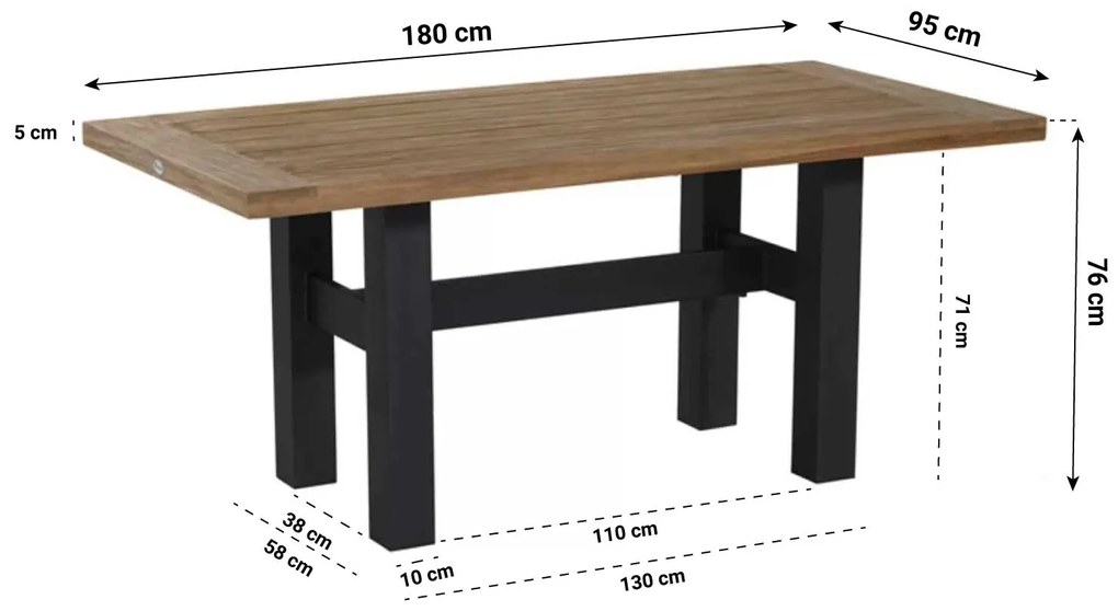 Dining Tuintafel  180 x 95 cm Aluminium/teak Zwart Sophie