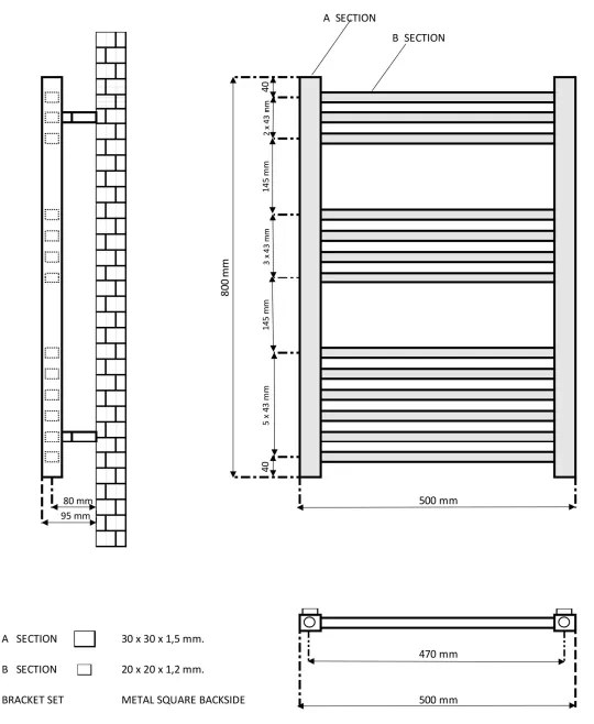 Eastbrook Tuscan Square multirail handdoekradiator 50x80cm 425W zwart mat