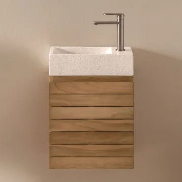 Conjunto Vaniteitmeubel Zwevend Van Teakhout Met Geïntegreerde Wasbak Van Napier-cement Teakhout & Spiegelloze & Geborsteld Grijs - Sklum