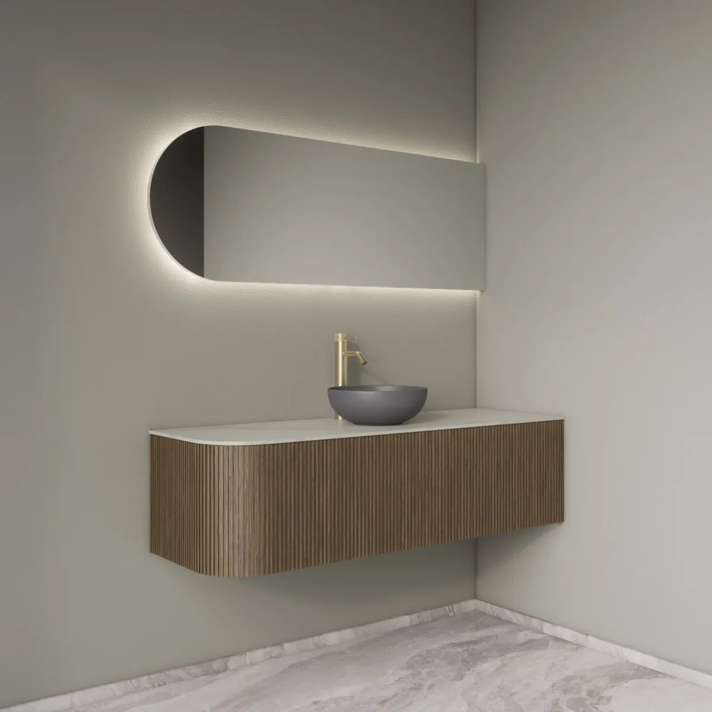Gliss Design Alluro badmeubel ribbelfront met ronding links 140cm ash grey en wit marmer toppaneel