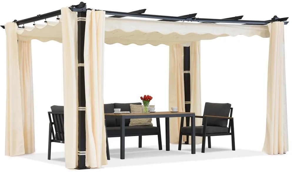 Barbados terraspergola 3x3 m met Garden Point gordijnen antraciet beige
