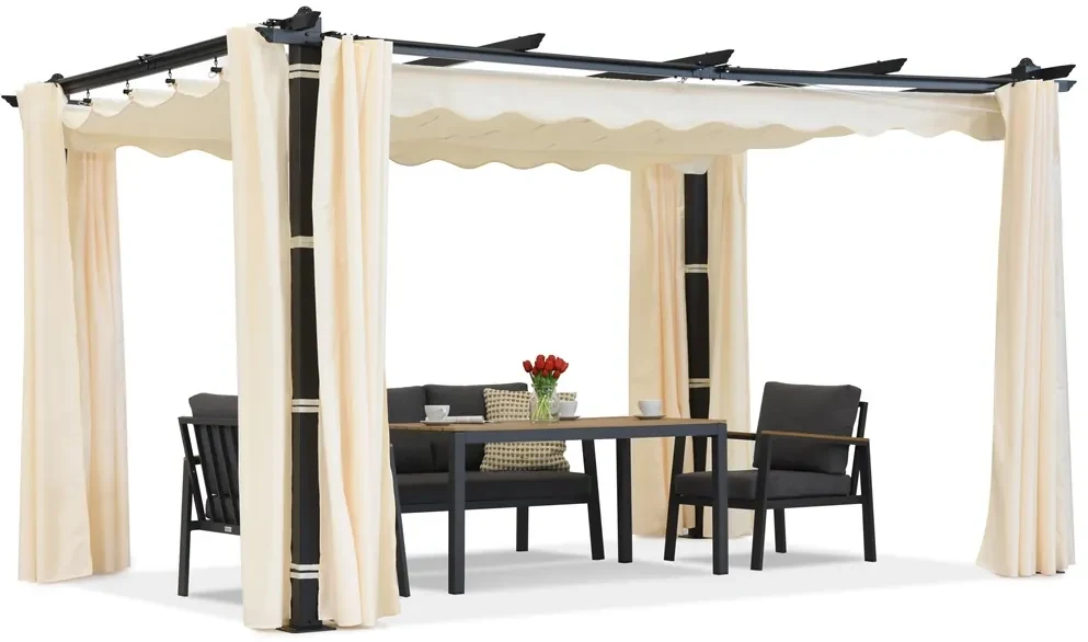 Barbados terraspergola 3x3 m met Garden Point gordijnen antraciet beige