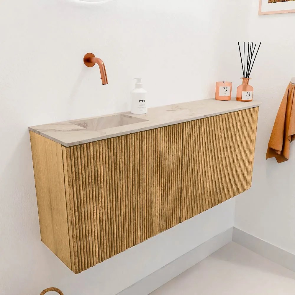Mondiaz Joya DLux 100cm toiletmeubel ronding rechts oak met wastafel faye links zonder kraangat frappe
