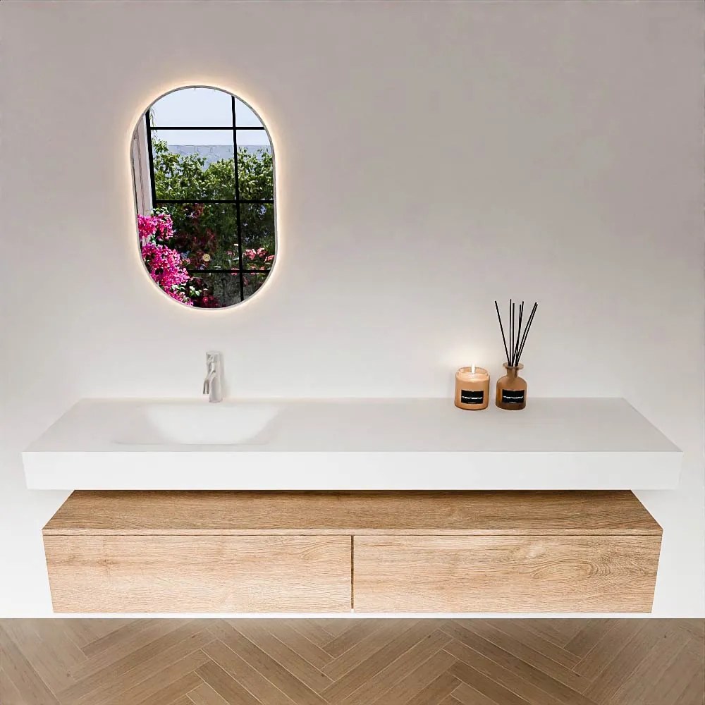 Zaro Alan badmeubel 190cm washed oak 2 lades met vrijhangende wastafel cloud links 1 kraangat talc