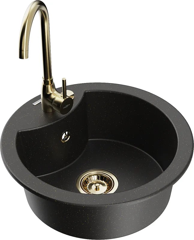 Mexen Diego granieten gootsteen 1-kamer met keukenkraan Telma, zwart/goud - 6512-75-670200-50