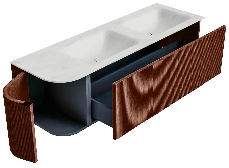 Mondiaz Kurve-dlux 145cm badmeubel ronding links ruby met 1 lade en deur en wastafel leaf dubbel/rechts 2 kraangaten opalo