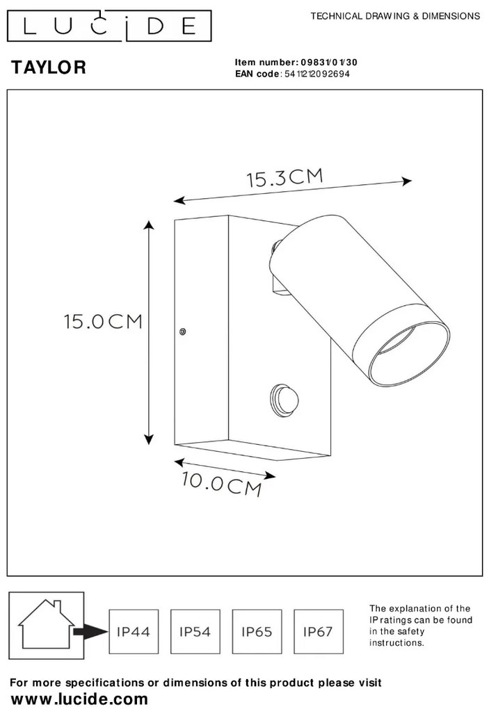 Lucide Taylor LED wandspot 50W 15x15cm zwart