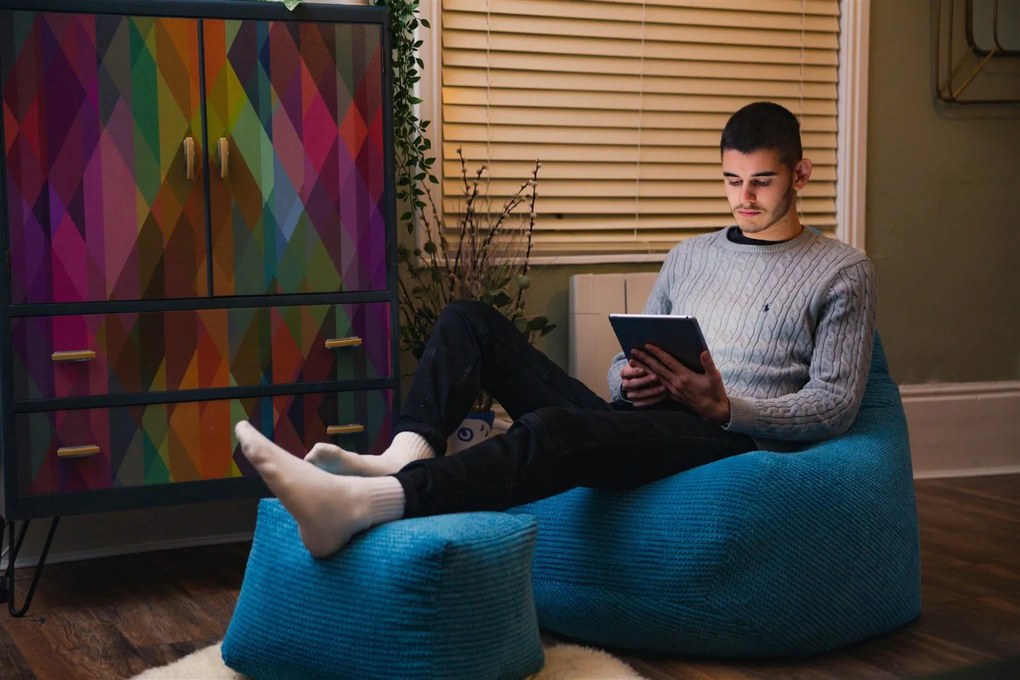 Highback Zitzak Stoel incl. Poef Corduroy Stof - Teal