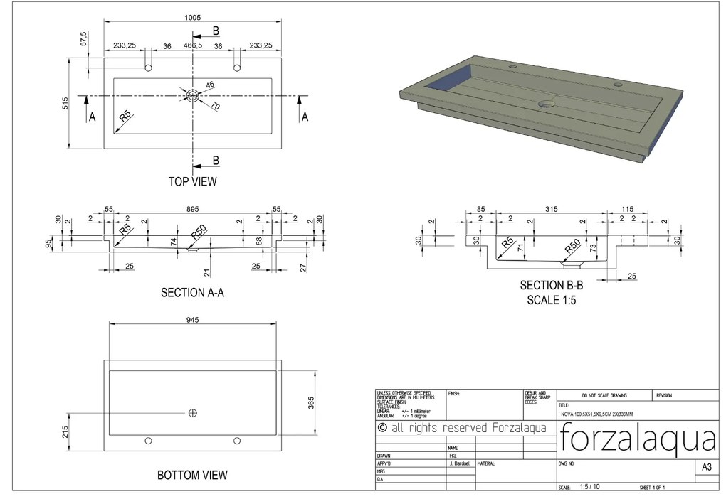 Forzalaqua Nova wastafel 100x50cm met 2 kraangaten graniet gezoet en gefrijnd