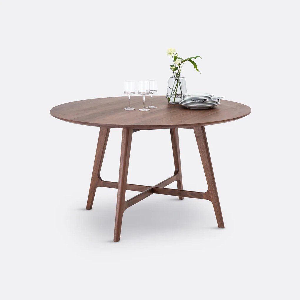 Ronde eettafel, notenhout en fineer, 4 tot 6 couverts, LARSEN
