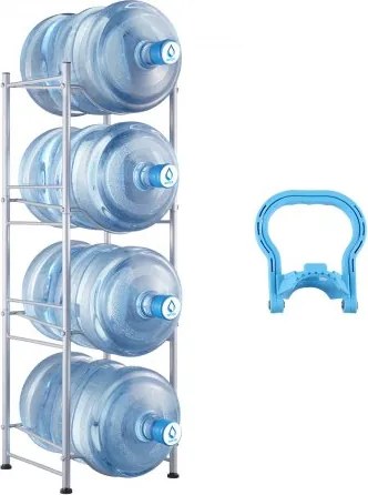 VEVOR 4-laags waterkanhouder, 5 gallon waterfleshouder, enkellaags ijzeren waterflesrek voor 4 flessen, zwaar uitgevoerd waterkanrek waterkanhouder voor keuken, kantoor, woonkamer, zilver