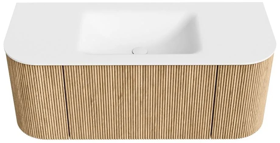 Mondiaz Kurve 110cm badmeubel ronding links/rechts oak met 1 lade en 2 deuren en wastafel cloud midden zonder kraangat