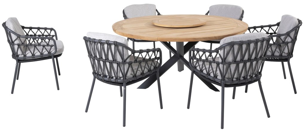 4 Seasons Outdoor Calpi tuinset met Prado tafel teak blad 160 Ø cm Tuinset   antraciet weerbestendig