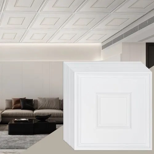 VEVOR Plafondtegels, 12 stuks 24 x 24 inch systeemplafondtegels gemaakt van hoogwaardig PVC-plaat, eenvoudige installatie/snijden, zelfklevende plafondtegels van kunststof, plafondbekleding voor thuis/kantoordecoratie, wit geometrisch
