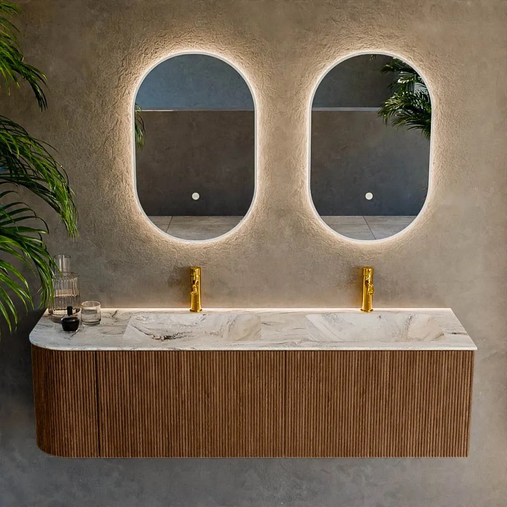Mondiaz Kurve-dlux 155cm badmeubel ronding links walnut met 2 lades en 1 deur en wastafel leaf dubbel/rechts 2 kraangaten glace