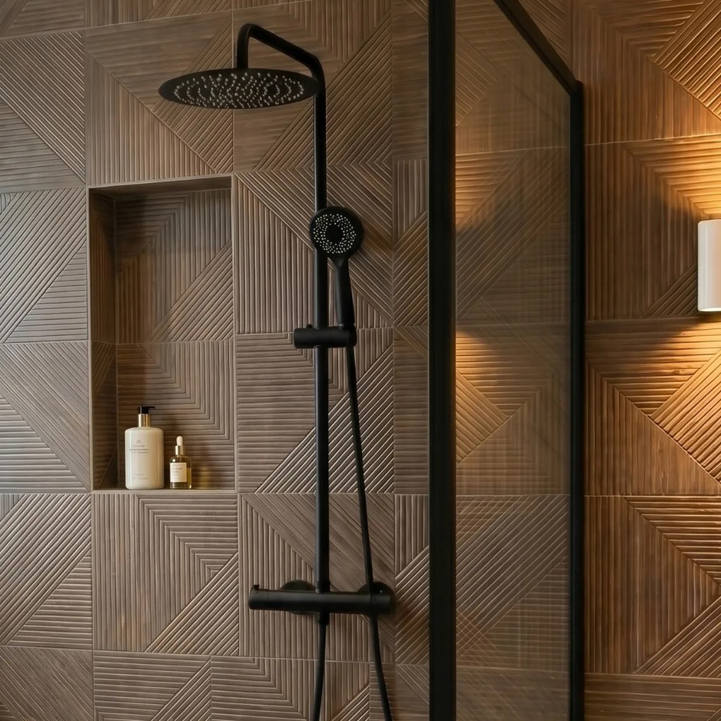 Saniclear Nero mat zwart opbouw regendouche 30cm met thermostaatkraan en 3 standen handdouche