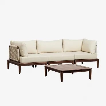 Woonkamer Set Met Modulaire 3-delige Bank, 2 Hoekfauteuils En Salontafel In Acacia Giulia Beige – Crème - Sklum