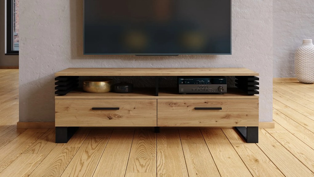 GOKEE RTV-145 Eiken Artisan/Zwart Mat - MODERNE KAST VOOR ONDER DE TELEVISIE MET LAMELLEN