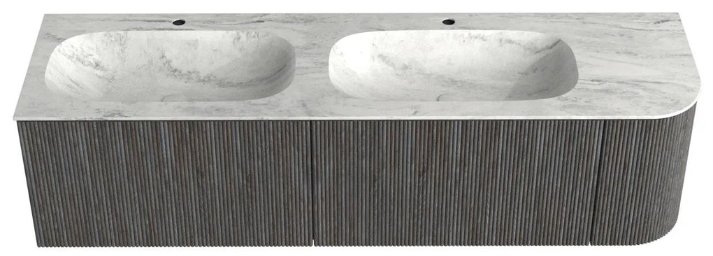 Mondiaz Kurve-dlux 165cm badmeubel ronding rechts shadow met 2 lades en 1 deur en wastafel stor small dubbel/links 2 kraangaten opalo