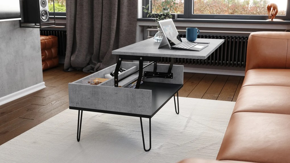 HAIRPIN S-90 Millenium Beton/Mat Zwart - MODERNE KOFFIETAFEL MET OPKLAPBARE TAFEL + OPBERGVAK + PLANK