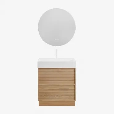 Badmeubelset 70x50 Cm Van Hout Met Geïntegreerde Wastafel Jolene Natuurlijk Hout & Round Led And Antifog Ø70 Cm Riben & Wit - Sklum