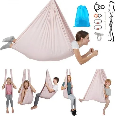VEVOR Aerial Yoga Hangmat, max. draagvermogen 136,07 kg, yogaschommel met nylon stof, daisy rope en PE-tas met ritssluiting, multifunctionele gymnastiekschommel voor anti-zwaartekrachtoefeningen, roze