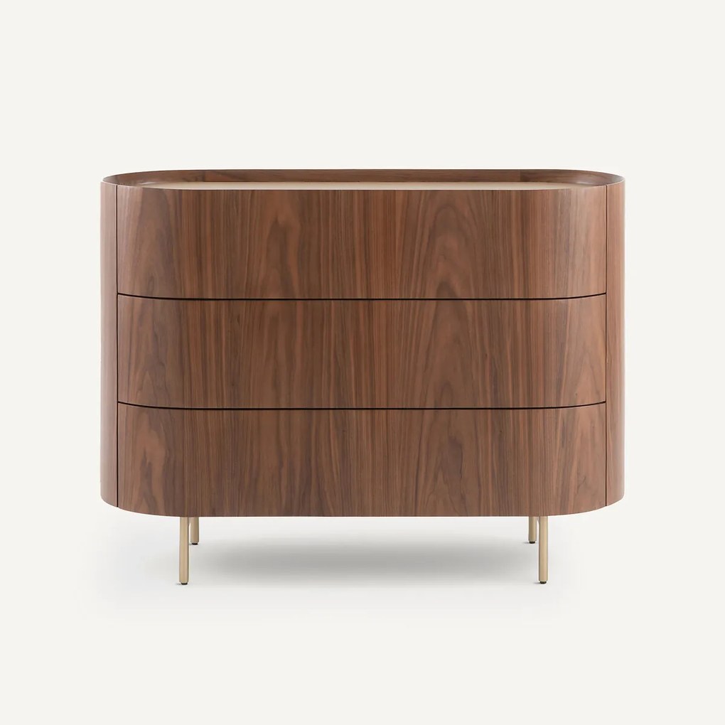 Notenhouten en met leer gefineerde ladekast met 3 laden, Aslen