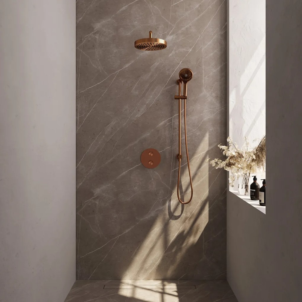 Brauer Stripe inbouw regendouche rond met 25cm hoofddouche, rond met gebogen muurarm, glijstang en 3 standen handdouche set 47 koper geborsteld PVD