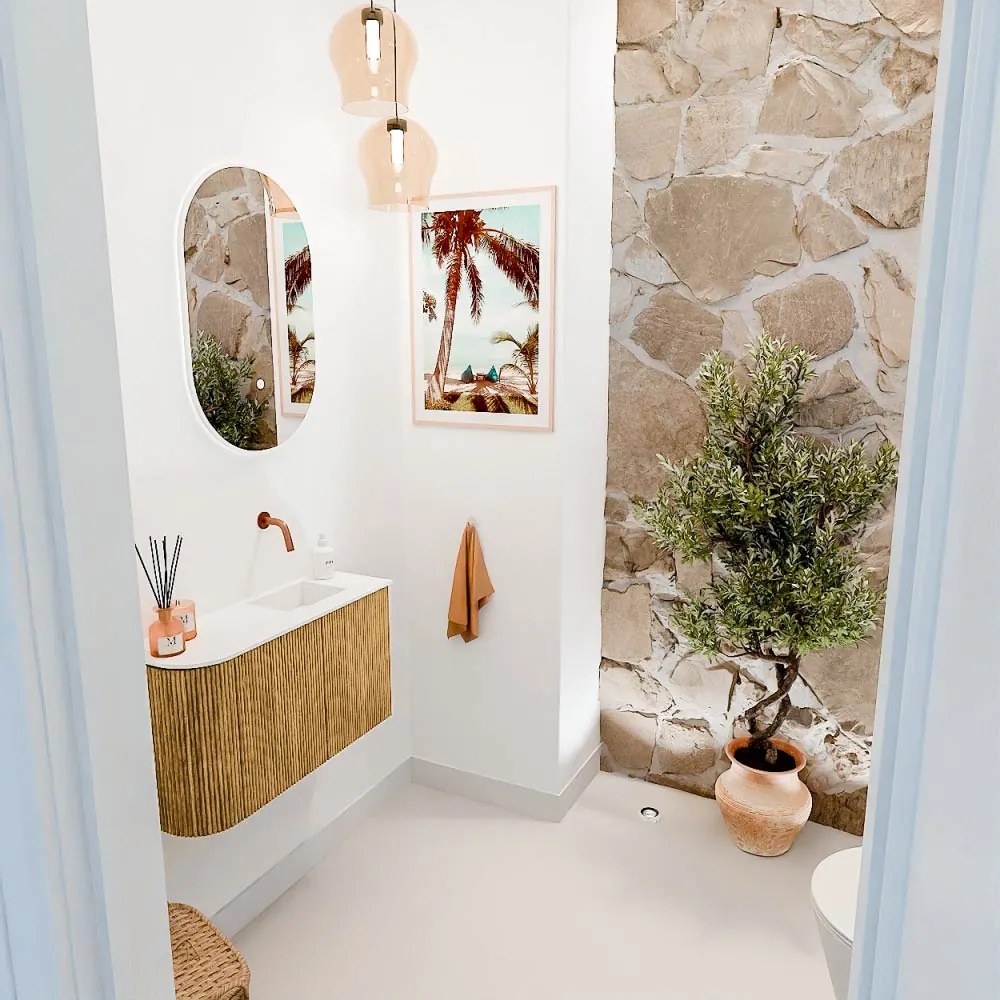 Mondiaz Joya 70cm toiletmeubel ronding links oak met wastafel faye rechts zonder kraangat talc