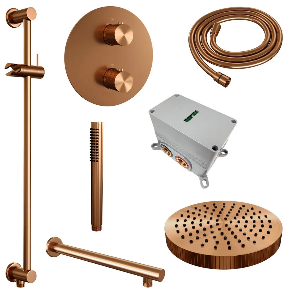 Brauer Stripe inbouw regendouche rond met 25cm hoofddouche, rond met rechte muurarm, glijstang en staafhanddouche set 43 koper geborsteld PVD