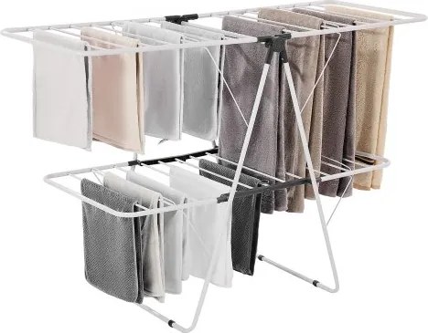 VEVOR Droogrek (2-laags & opvouwbaar) met sokkenklemmen & 31 droogstangen, in hoogte verstelbaar metalen droogrek, vrijstaande & ruimtebesparende kledinghanger voor wasruimtes, balkons