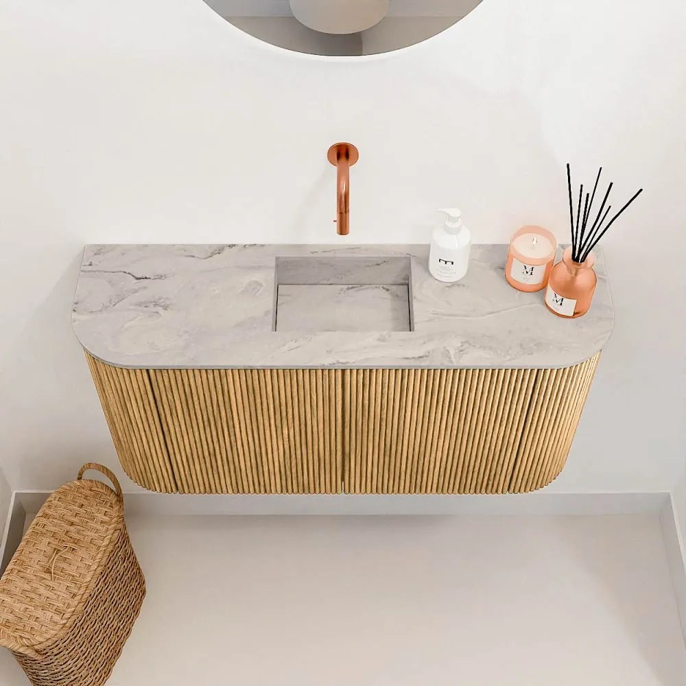 Mondiaz Joya DLux 85cm toiletmeubel ronding links/rechts oak met wastafel faye midden zonder kraangat glace
