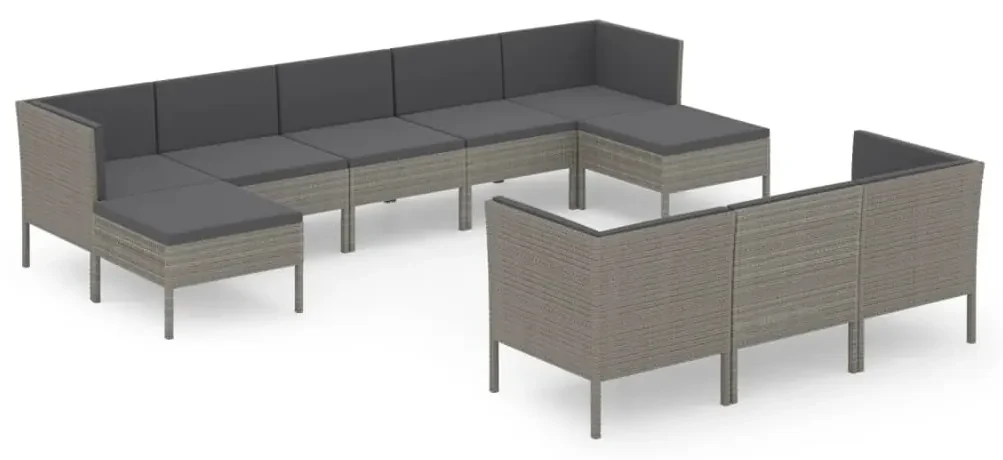 vidaXL 10-delige Loungeset met kussens poly rattan grijs