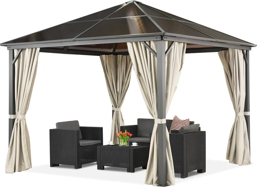 Milos tuinhuisje 3x3m met klamboe en crèmekleurige gordijnen Tuinpunt