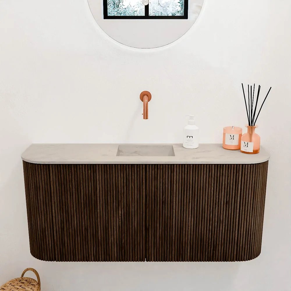 Mondiaz Joya DLux 95cm toiletmeubel ronding links/rechts walnut met wastafel faye midden zonder kraangat opalo