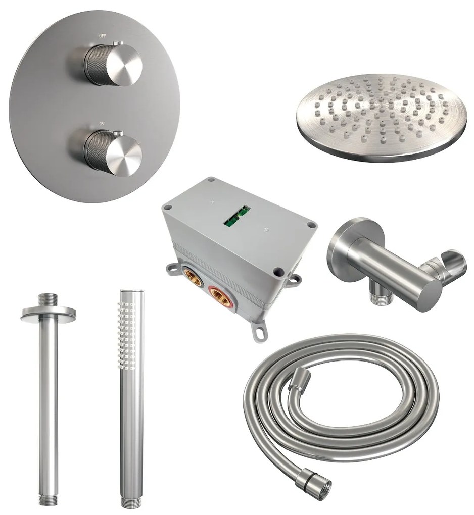 Brauer Brushed Carving thermostatische inbouw regendouche met staafhanddouche, plafondarm en hoofddouche 20cm set 77 RVS geborsteld PVD