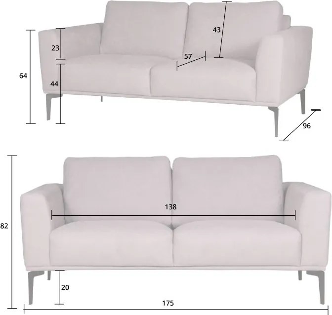 2-zits bank Tulp | stof Sorro lichtgrijs 90 | 1,75 mtr breed